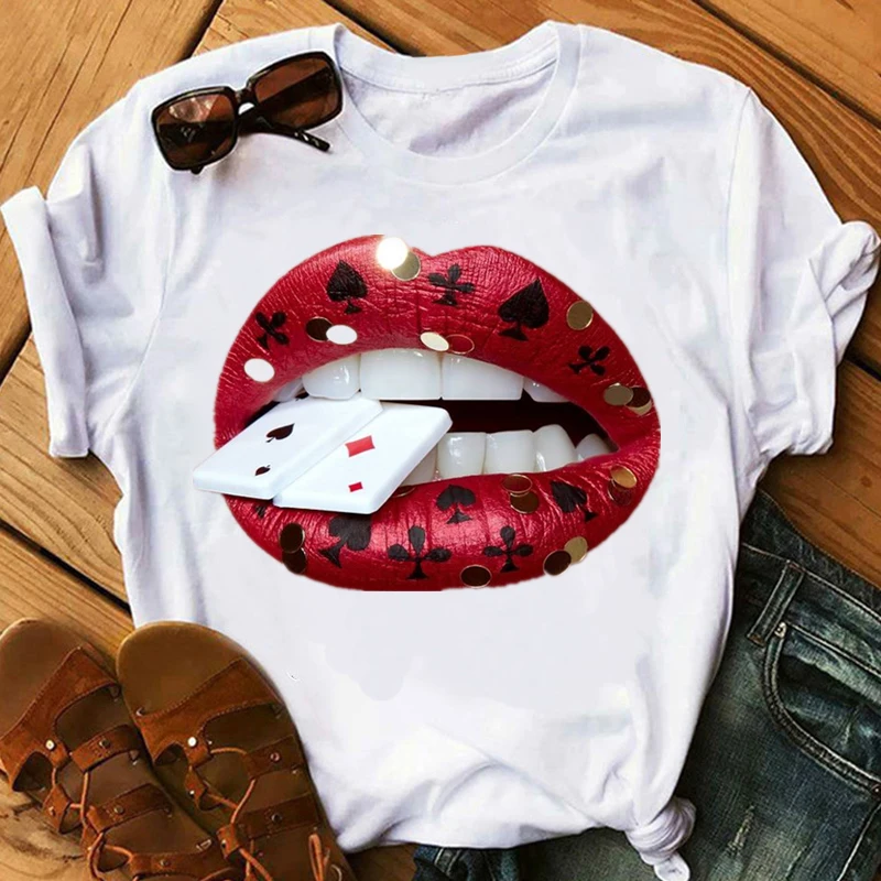 Camiseta colorida com estampa bucal feminina, tops de manga curta, camiseta gráfica feminina, camisas femininas, roupas pretas, nova