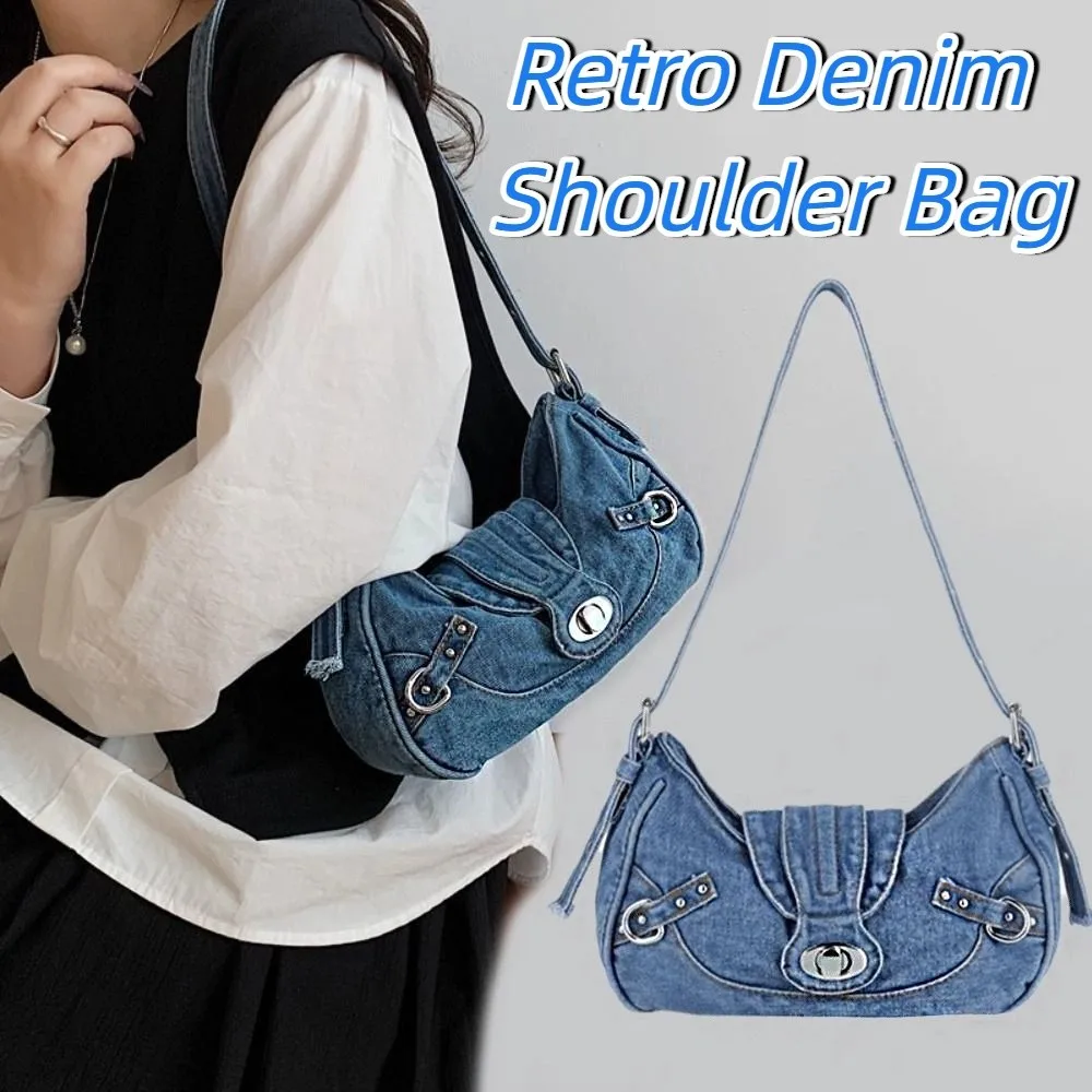 

Trend Y2K Retro Denim Shoulder Bag Underarm Bag Fashion Denim Handbag Korean Spicy Girl Cloth Armpit Bag Girls