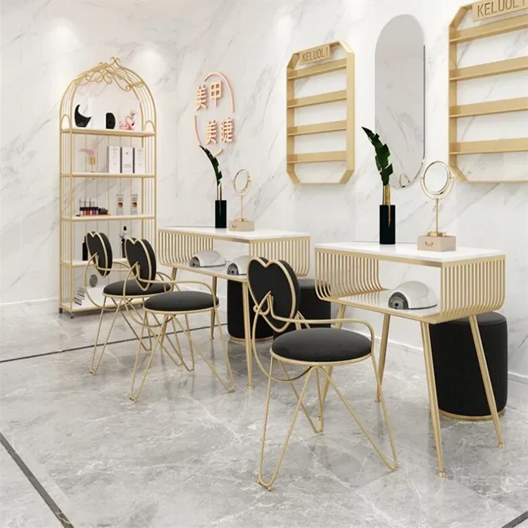 Fashion Marble Nail Table and Chair Set, Single Double Golden Iron Manicure Table Set