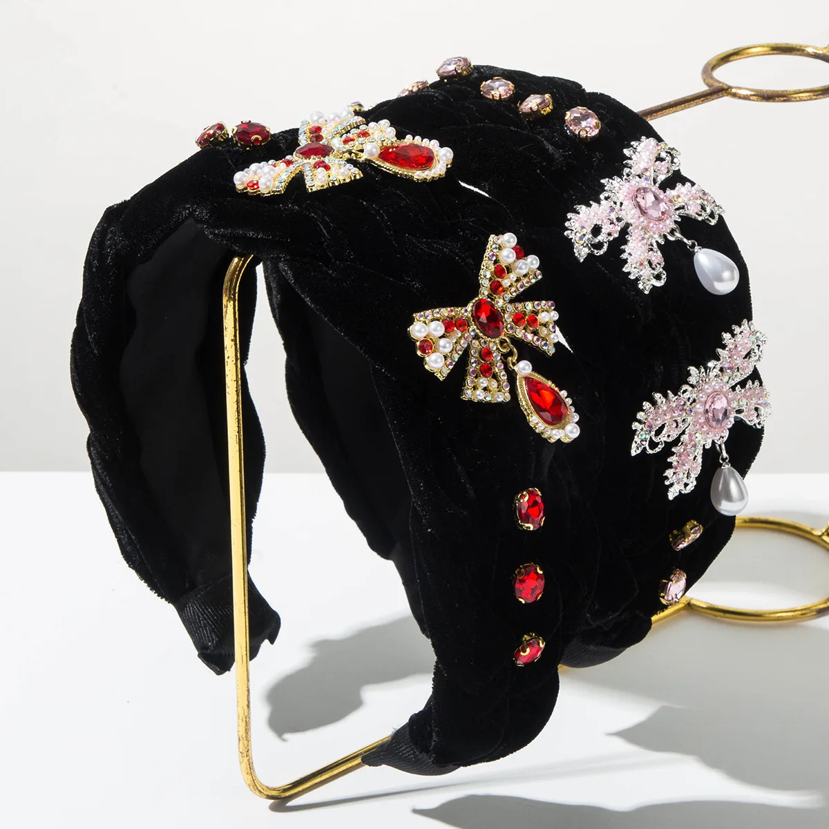 

Korean Fashion Rhinestone Pearl Bow Handmade Woven Headband for Women Sweet and Gorgeous Hair Accessory