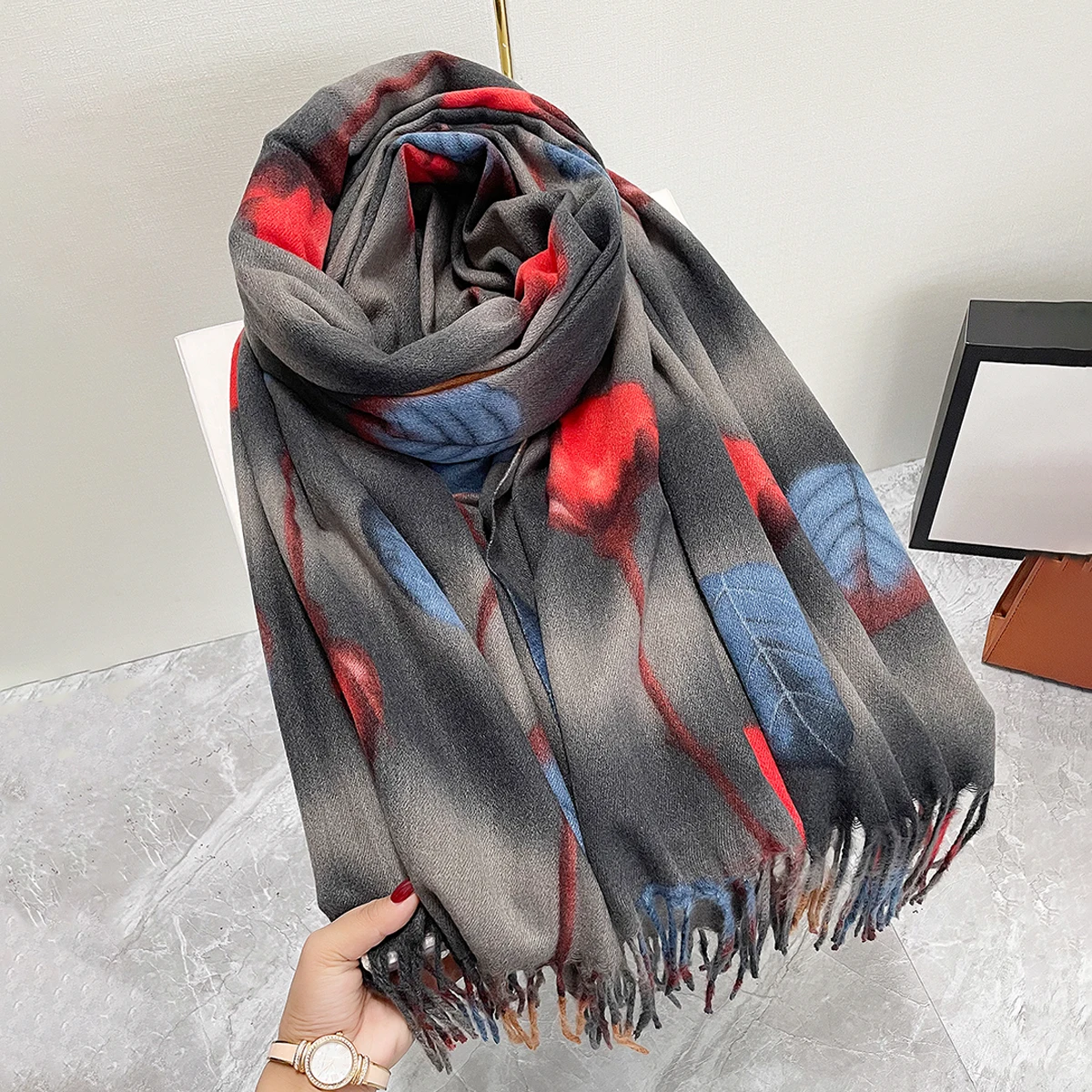 Red Tulip and Blue Leaves Printing Long Soft Scarves for Evening Dress Wedding Winter Warm Cashmere Feeling Retro Elegant Wraps