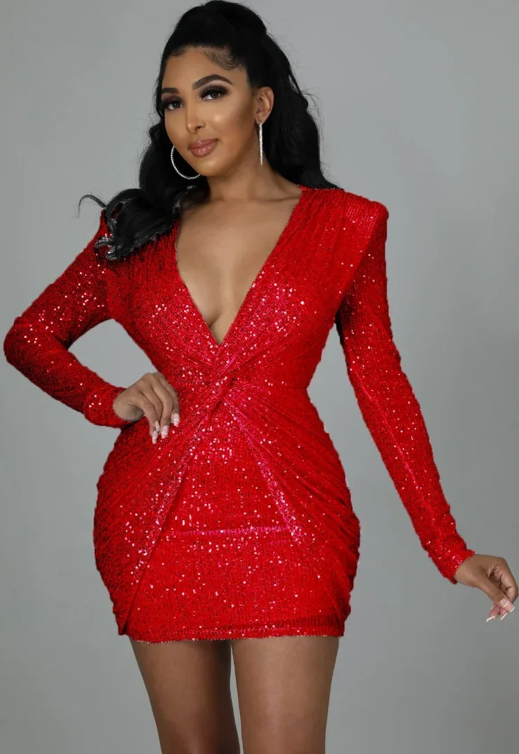 

Красное мини-платье GUWU с блестками, сексуальное, с глубоким V-образным вырезом, длинными рукавами, облегающее, с драпировкой, для ночного клуба, на Рождество