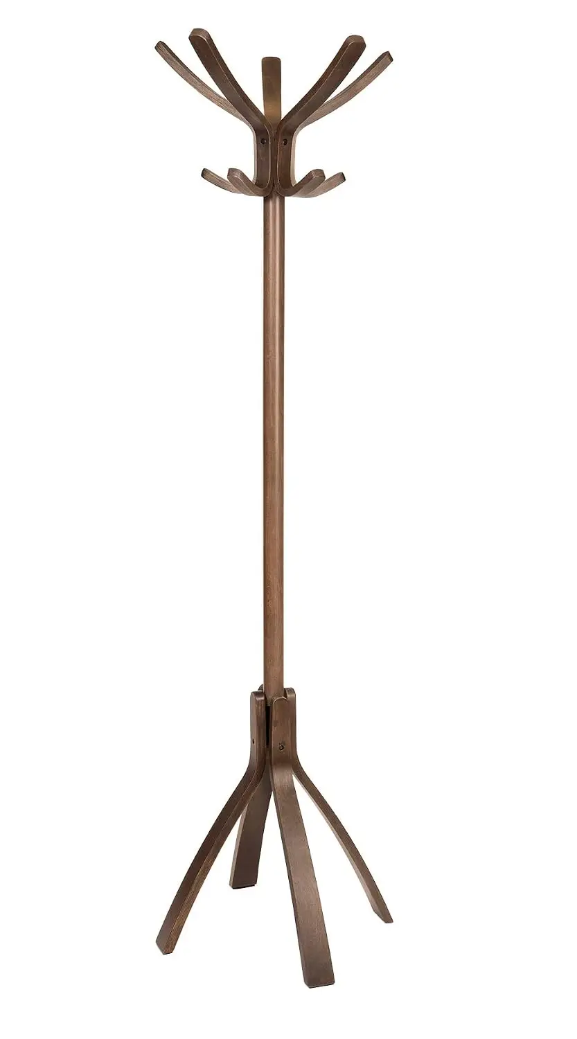 Espresso Wood Coat Rack Stand 5 Double Pegs Clothes & Umbrella Holder Weighted Base Easy Assembly, Customized