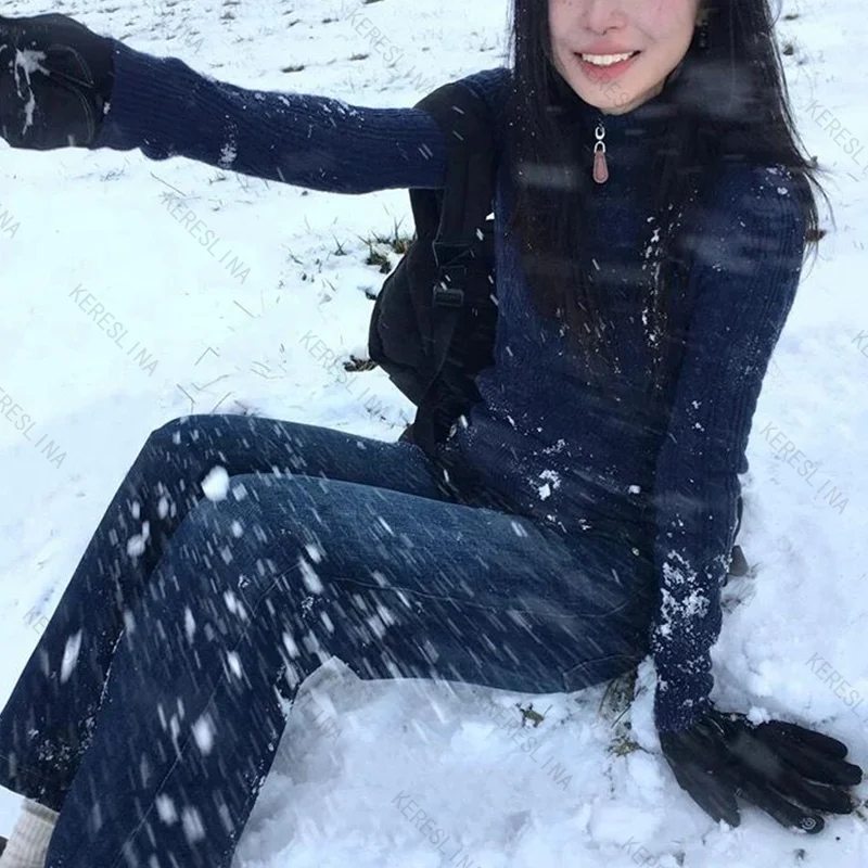 

Casual versatile slim fit solid color knitted sweater autumn/winter high street retro popular classic dark blue knitted sweater