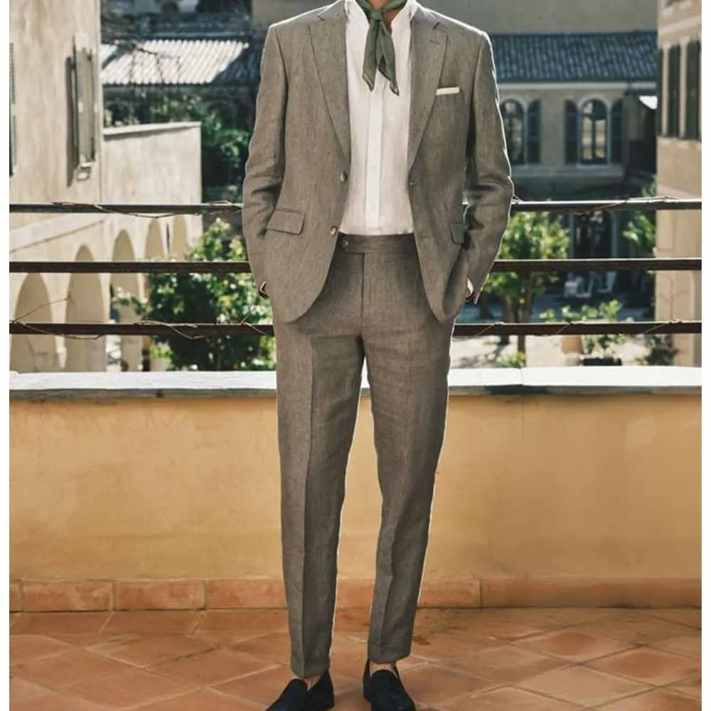 

Мужской льняной хлопковый костюм, комплект из двух предметов, однобортный приталенный удобный деловой костюм, повседневный элегантный формальный пиджак, брюки Outf