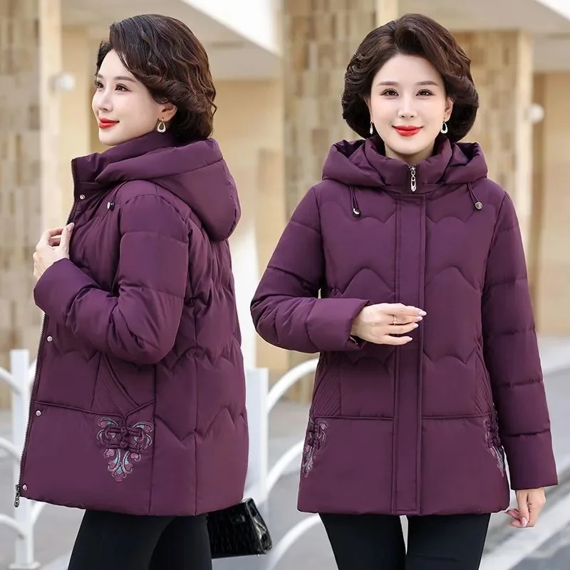 

New Winter Korean Hooded Down Cotton Jacket Women Parkas Casual Middle-aged and Elderly Mothers Loose Overcoat Outerwear Female