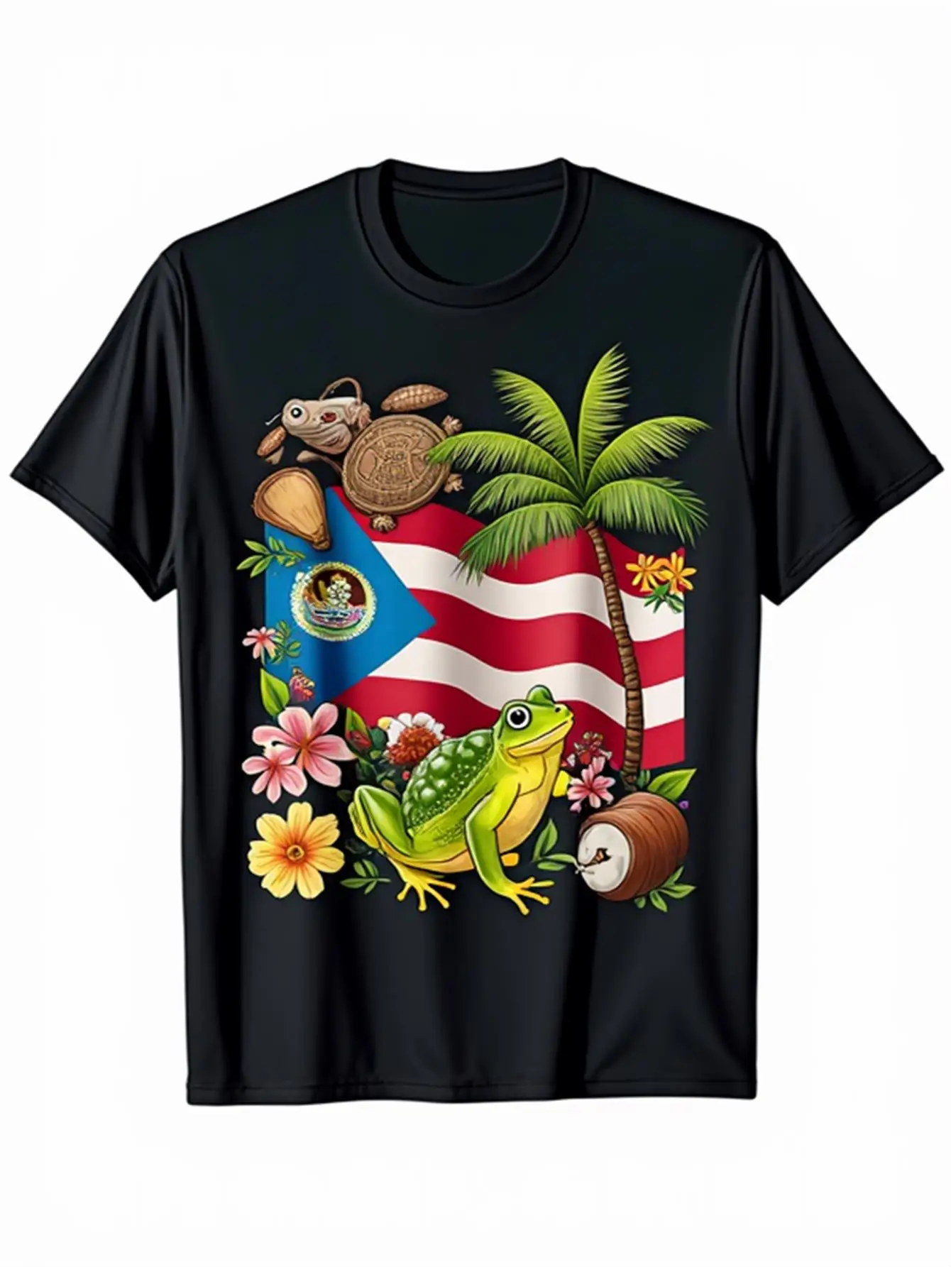 

Футболка «Перто-риканская культура», черная культурная одежда с флагом, пальма, черепаха, лягушка, музыкальный инструмент, унисекс, эластичная футболка, Пуэрриканская гордость, Хэллоуин, День независимости, повседневная