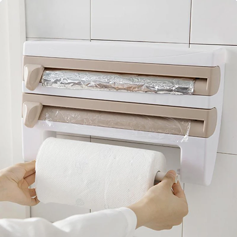 Pro Multi-Functional Wall Mounted Sliding Cutter For Plastic Wrap Foil And Paper Towel Holder No-Drill Kitchen Storage Rack 293