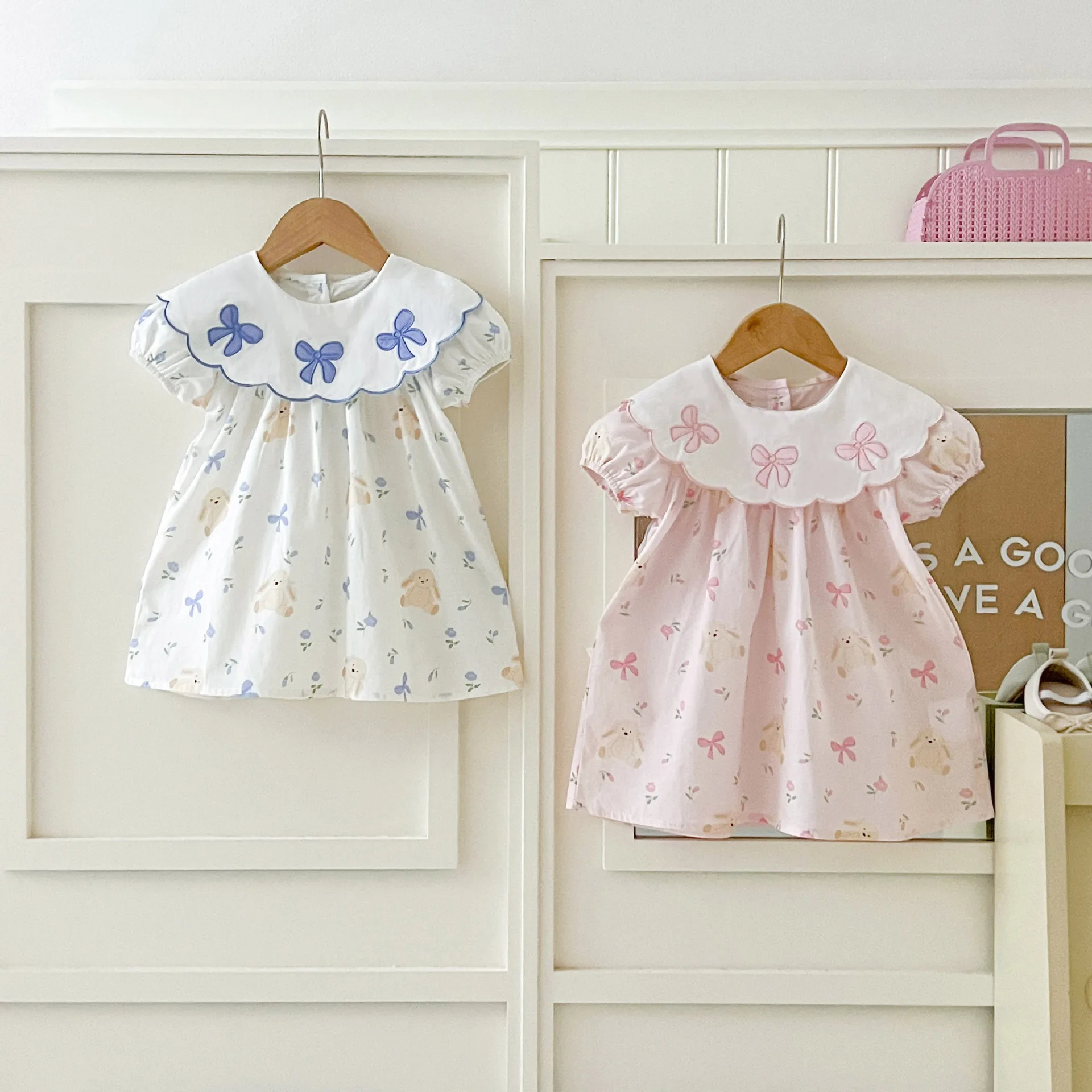 Ins Girls' Summer Pure Cotton Bow Embroidered Print Lapel Dress, Versatile Short Sleeved Dress for Children