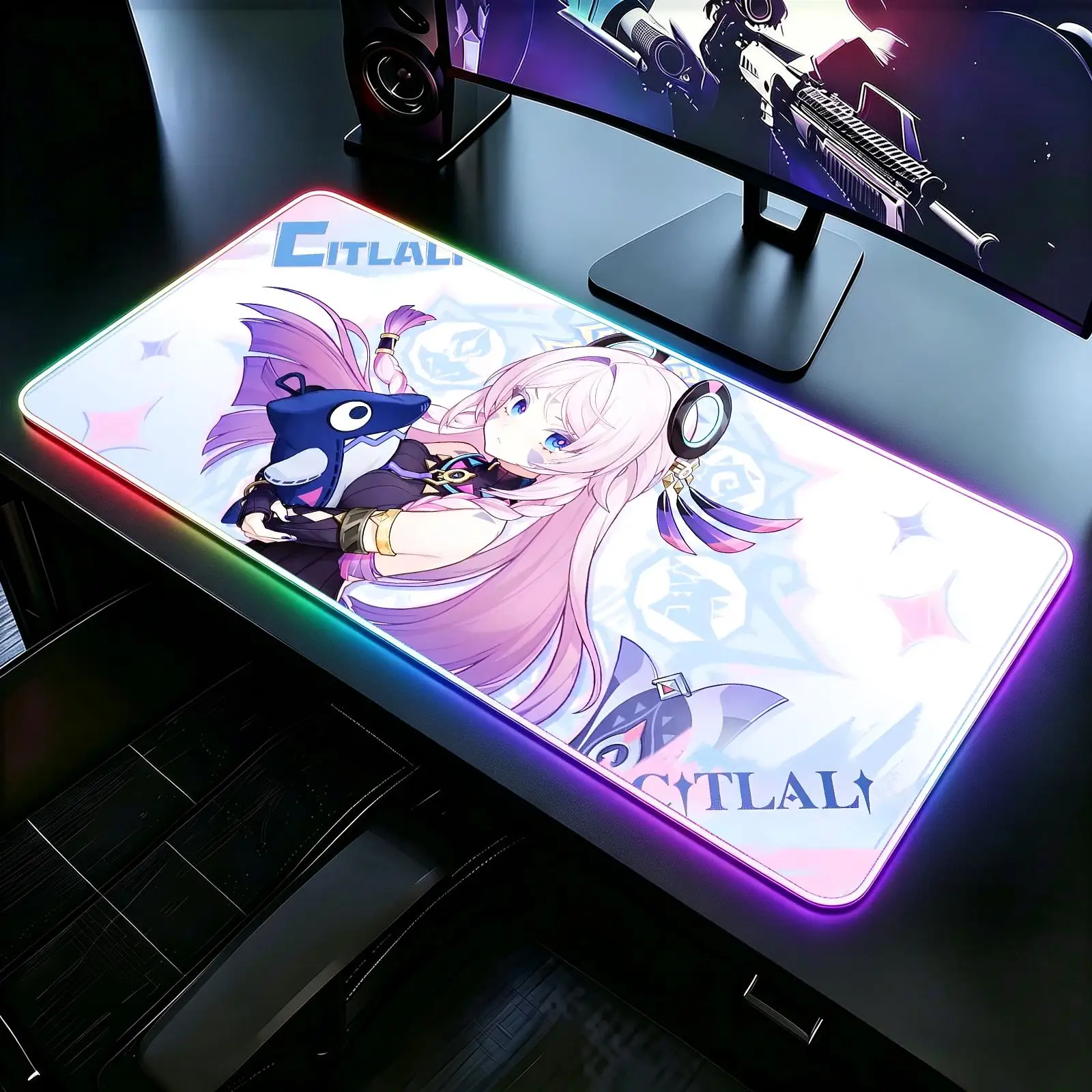 XXL RGB Glow Gaming Desk Pad, wearproof sewn border, Genshin Impact Citlali anti-slip mat for desktop, bedroom & office use