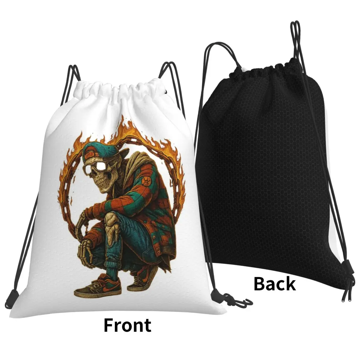 Flaming Chain Skull Design Backpacks Portable Drawstring Bags Sports Bag Book Bags for Travel School