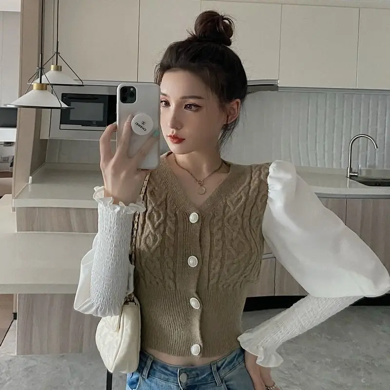 New Trend Sexy Autumn All-match Fashion Puff Sleeve Puff Sleeve Knitting Coat Female Fashionable Buttons Patchwork Trend Top Tee