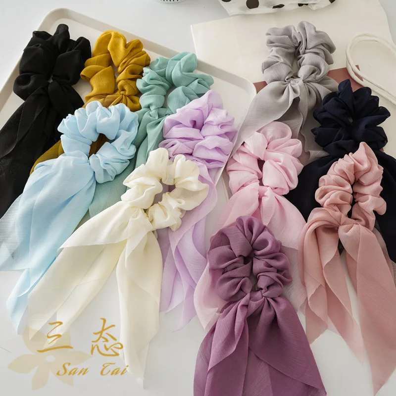 

New European and American Style Chiffon Thin Bow Ribbon Tassel Scrunchie-Border Hot-Selling Women's Hair Accessories