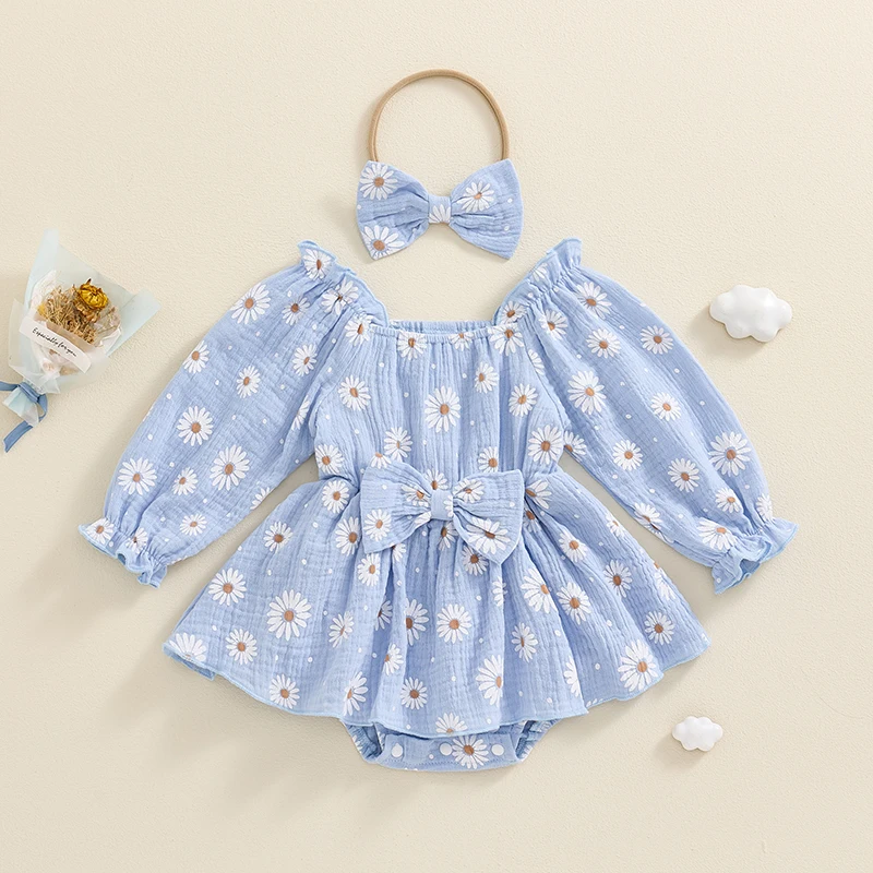 

Baby Girls Autumn Clothes Sets Long Sleeve Off Shoulder Floral Print Bow Romper with Headband Sweet 2 Pieces Outfits