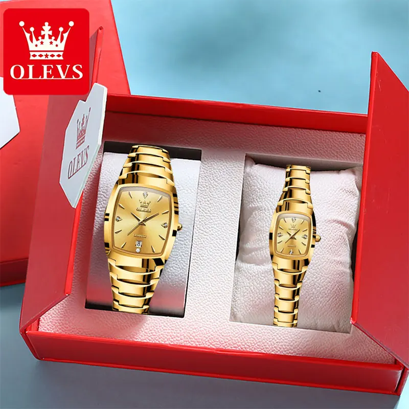 OLEVS-Montre à quartz de luxe étanche pour hommes et femmes, montres de couple haut de gamme, bande en acier au tungstène, ensemble de montres pour amoureux de la date