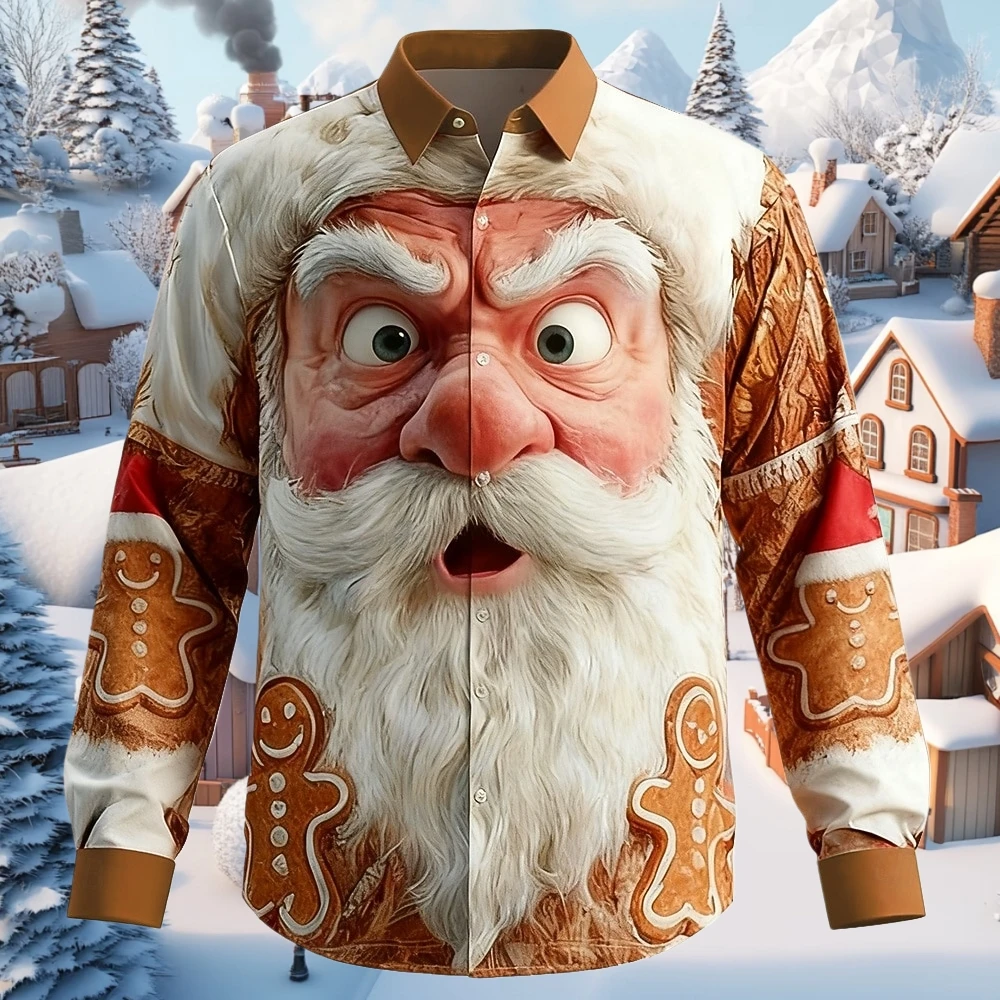 مضحك سانتا الوجه عيد الميلاد قميص ثلاثية الأبعاد الجرافيك زر كم طويل التلبيب القمم 2026 عادية فضفاض عطلة ملابس خارجية قمصان للرجل #2