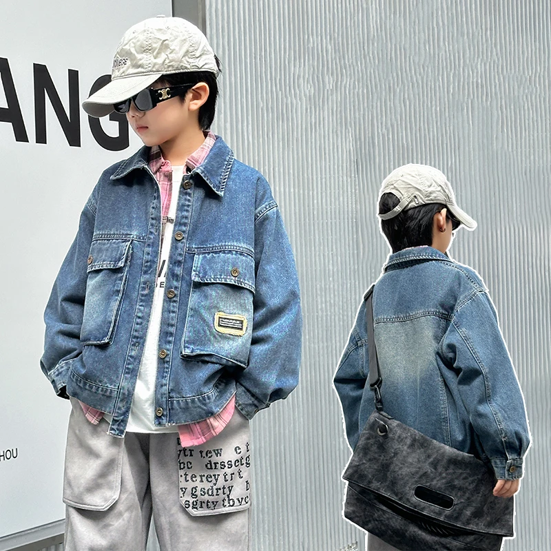 

Elegant Boy Denim Jacket Fashion New Kids Outerwear Clothes Long Sleeve Denim Coat for 5-14 Year Teens Children Autumn Clothing