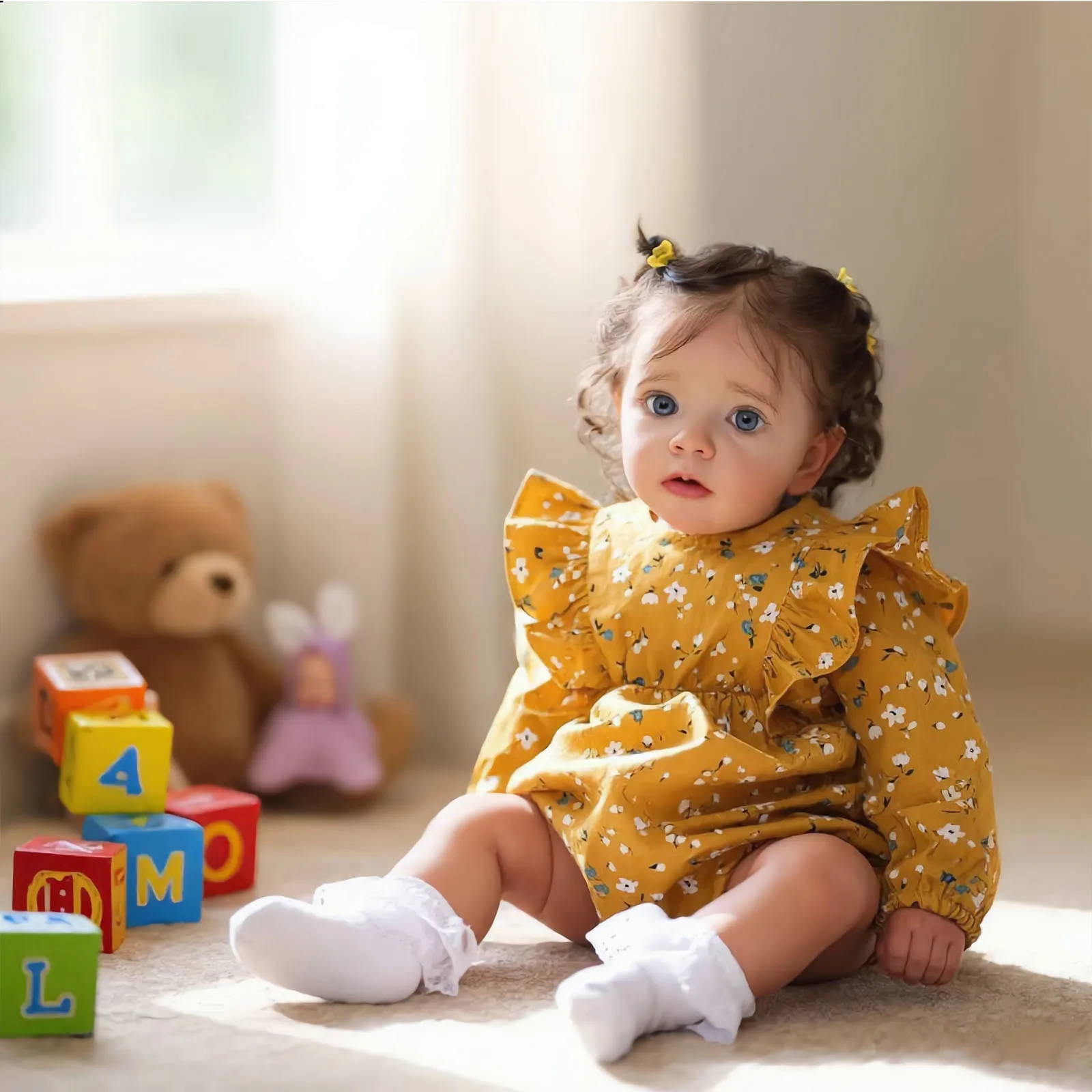 

Reborn Baby Doll 22 Inch Realistic Lifelike Newborn Girl Doll with Yellow Floral Outfit, Soft Vinyl Silicone Baby Doll for Kids Age 3+, Collectors & Role Play Gift Set