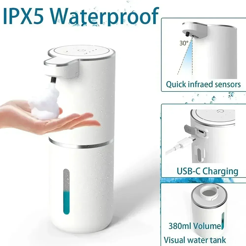موزع الصابون الأوتوماتيكي بدون لمس موزع الصابون الرغوي 4 المستوى 380 مل USB قابلة للشحن زجاجة الصابون الرغوي الكهربائية القابلة للتعديل