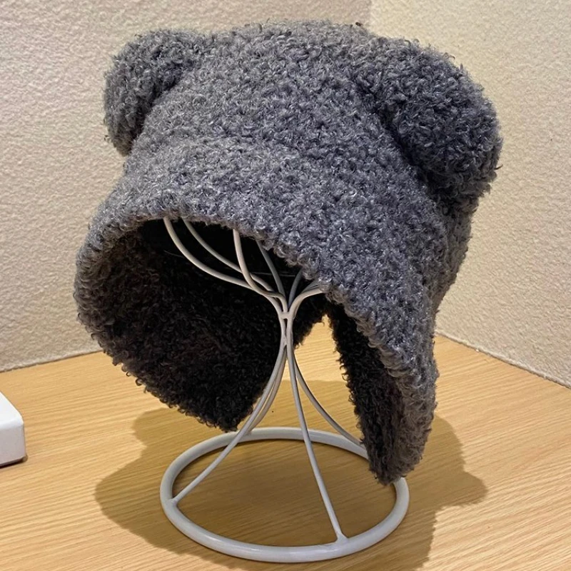 Cute Bear Ear Basin Hat Female Autumn Winter New Net Red All Warm Knitted Ear Protective Hat Outdoor Shopping Fashion Cold Hat