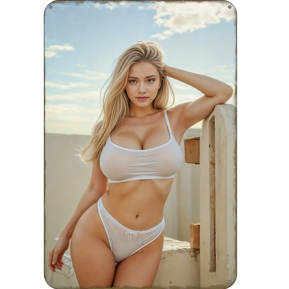 لوحة مطبوعة، ديكور الغرفة، بيكيني أبيض أنيق، لافتة معدنية من القصدير - لوحة فنية جدارية للمنزل والمطبخ والحديقة وغرفة النوم والبار والحمام