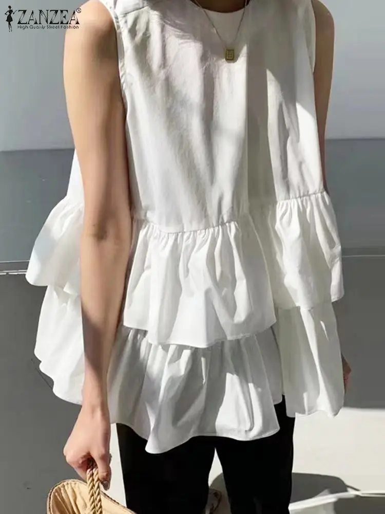 ZANZEA 2024 Summer Women Sweety Sleeveless Blouse O-neck Double Layer Ruffled Tops Fashion Casual Holiday Tunic Shirts Oversize