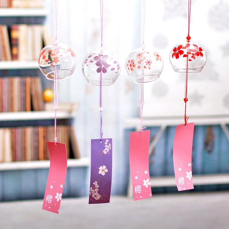 Sakura Wind Chimes Japanese Handmade Glass Wind Bell Hanging Craft Furin Cherry Blossom Tree Hanging Pendant Garden Room Decor