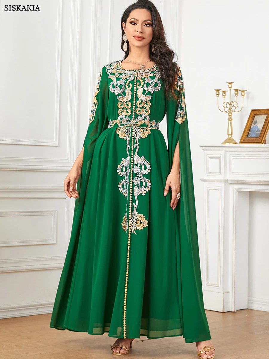 

Siskakia Beading Embroidery Luxurious Women's Evening Dress With Belt Long Sleeves Kaftan Abaya Dubai Elegant Casual For Women