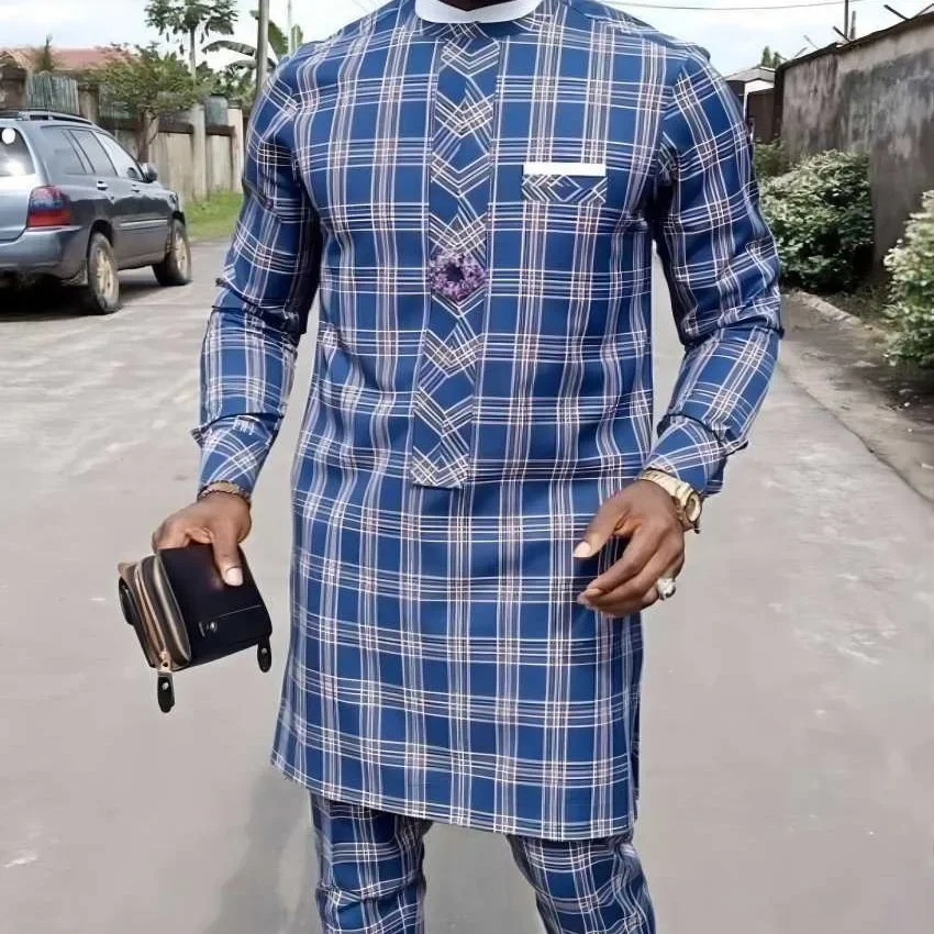 Four Seasons Hot Selling Men's 2 Piece Sets Afirican Syle Ethinic Casual Blue Plaid Clothes And Pants Button Muslim Men Clothing