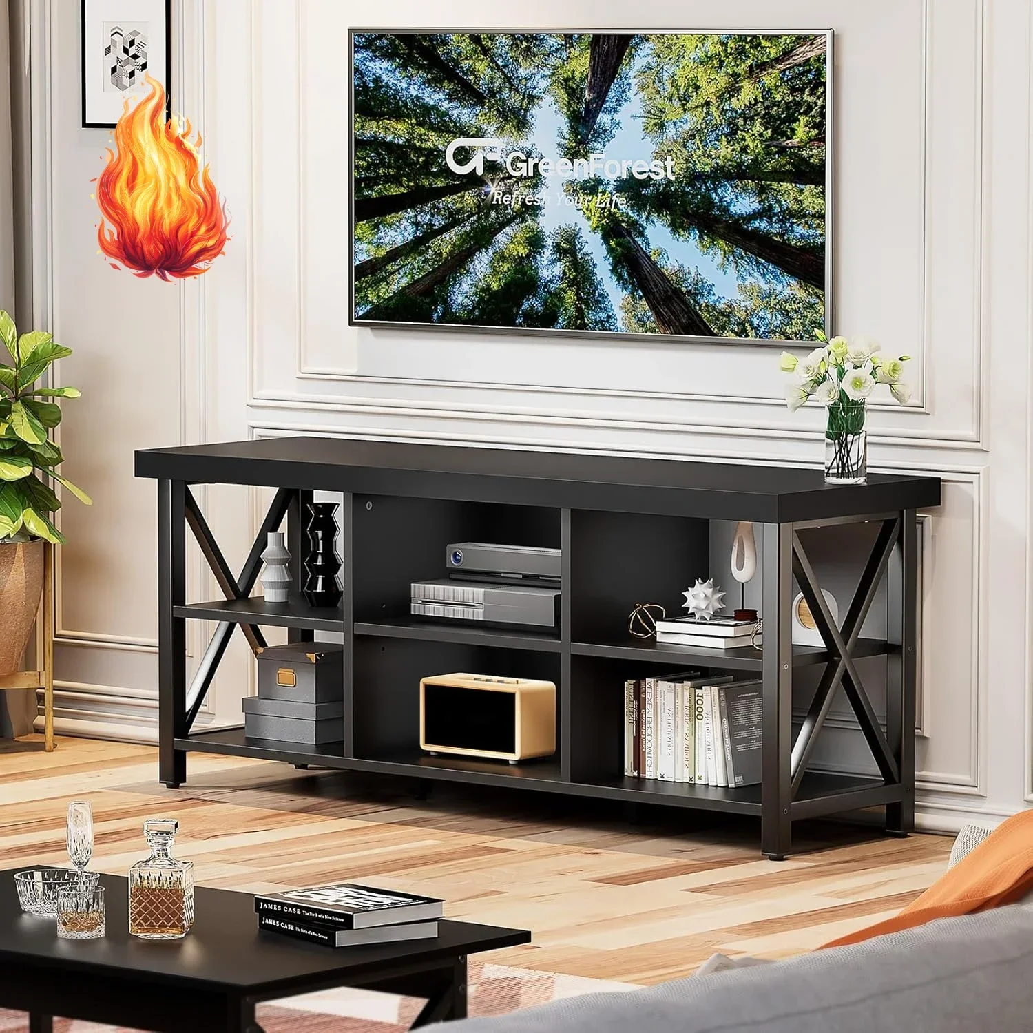 TV Stand for TV up to 65 inches, Entertainment Center with 6 Storage Cabinet for Living Room, 55 inch Farmhouse Television