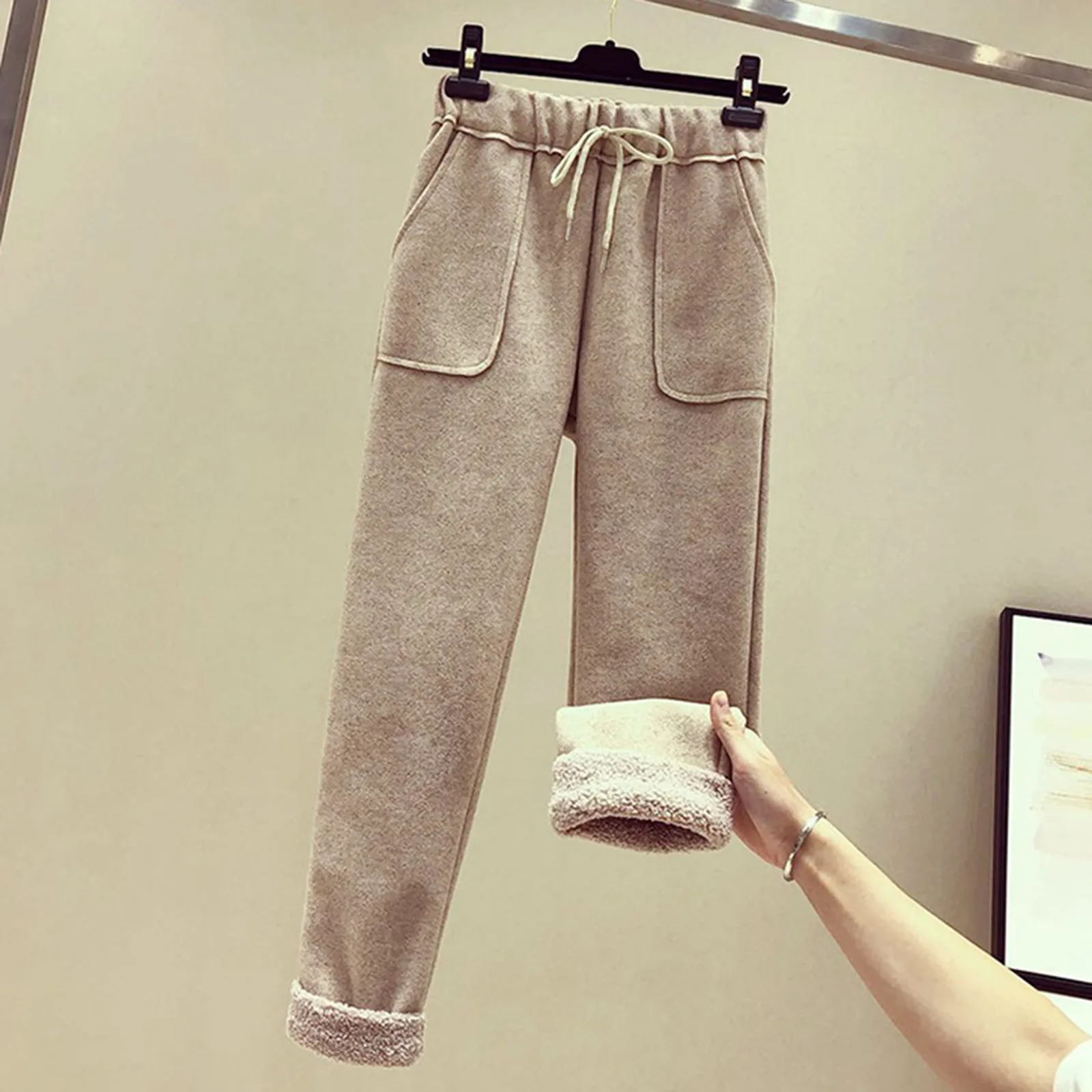 Calça feminina de cintura alta forrada com lã, calça comprida reta, feminina de pelúcia quente de bolso, casual, outono, inverno, 2022