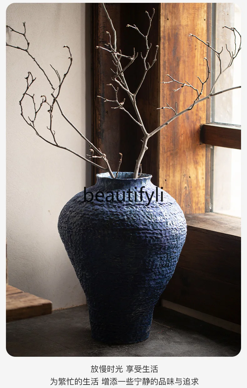 Jingdezhen ceramic floor-to-ceiling vase wabiwind Zen coarse pottery pot entrance homestay dried flower decorative ornament