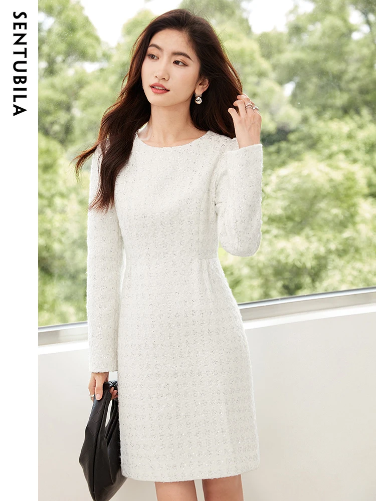 SENTUBILA Elegant Sequin Tweed Dresses Women O-Neck Fashion Knee Length Office Lady Long Sleeve Straight Dress Woman 134L52297