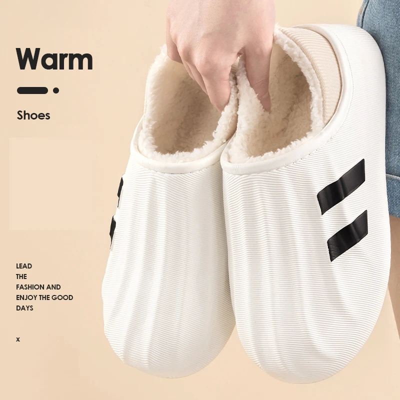 Feslishoet Winter Women Waterproof Flat Cotton Slippers Simple Cushioned Heel Non-Slip Furry Warmth Indoor Outdoor Comfort Man