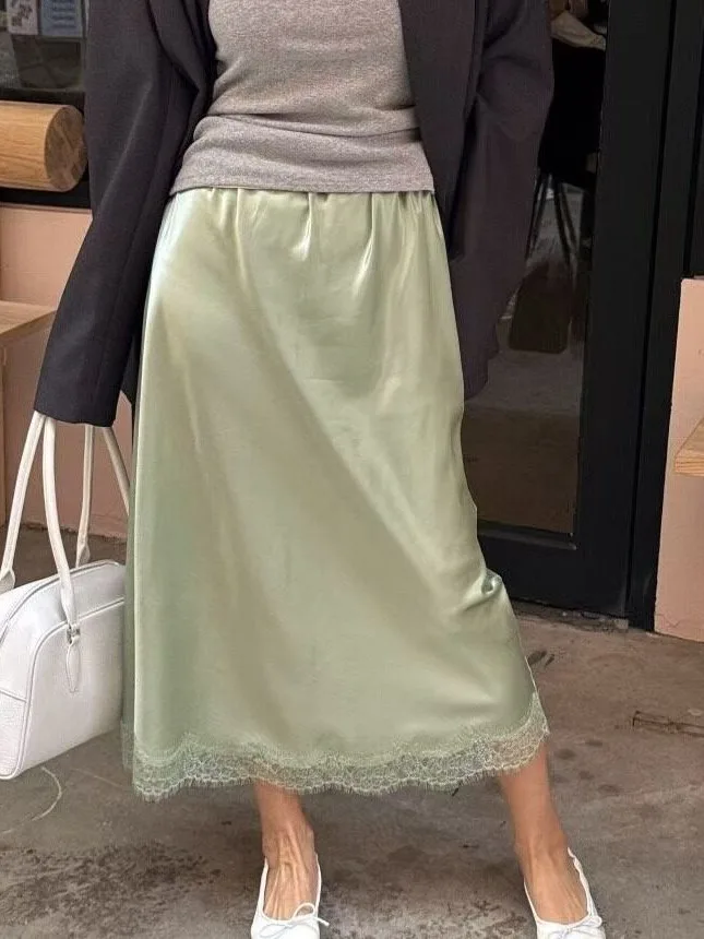 Elegant Satin Waist Elastic Half Skirt Women's Spring New Versatile Lace Trim Mid-Length Skirt Korean Style Regular Fit