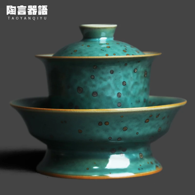 

Yuzhou Jun Kiln Green High-Footed Sansai Covered Bowl Raw Mineral Glaze Crystallized Mottled Wide Mouth Hand Steeped Tea Bowl