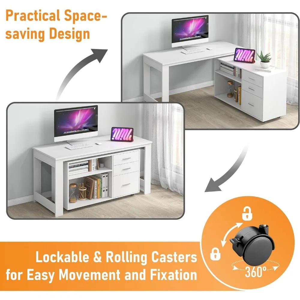 "Escritório de canto branco de 55 polegadas com armazenamento, 3 gavetas e 2 prateleiras para uso em computador e escritório"