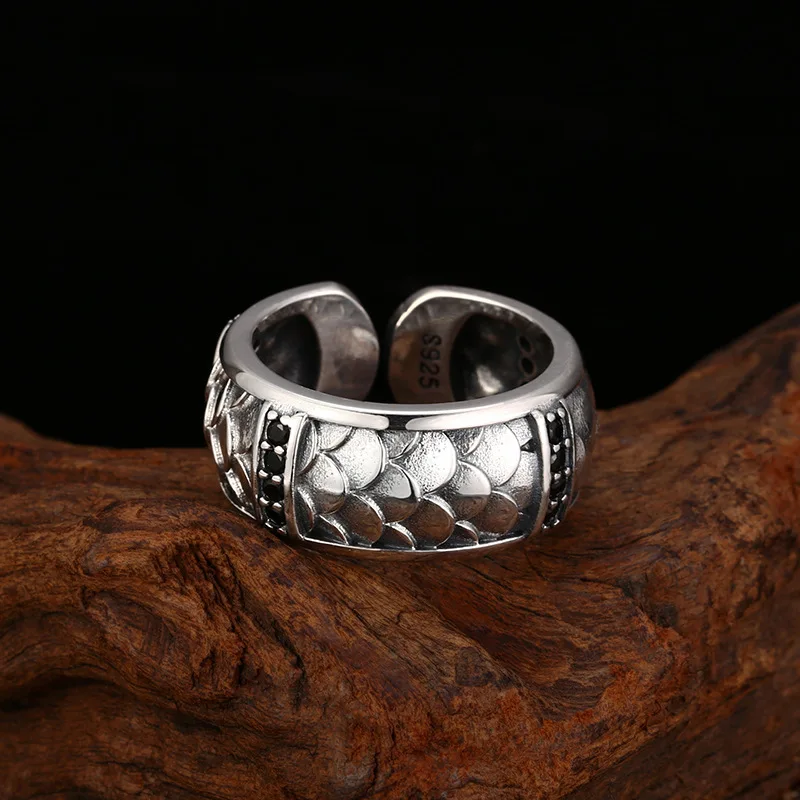 S925 Sterling Silver Dragon Scale Adjustable Ring Punk Style Old Process Black Zircon Free Size Women Fine Jewelry FYRNG156