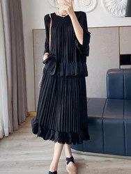 Miyake Pleated Long Sleeved Patchwork Shirt 2024 Fashion Designer Women's Half Skirt Two-piece Set Minimalist Women's Clothing