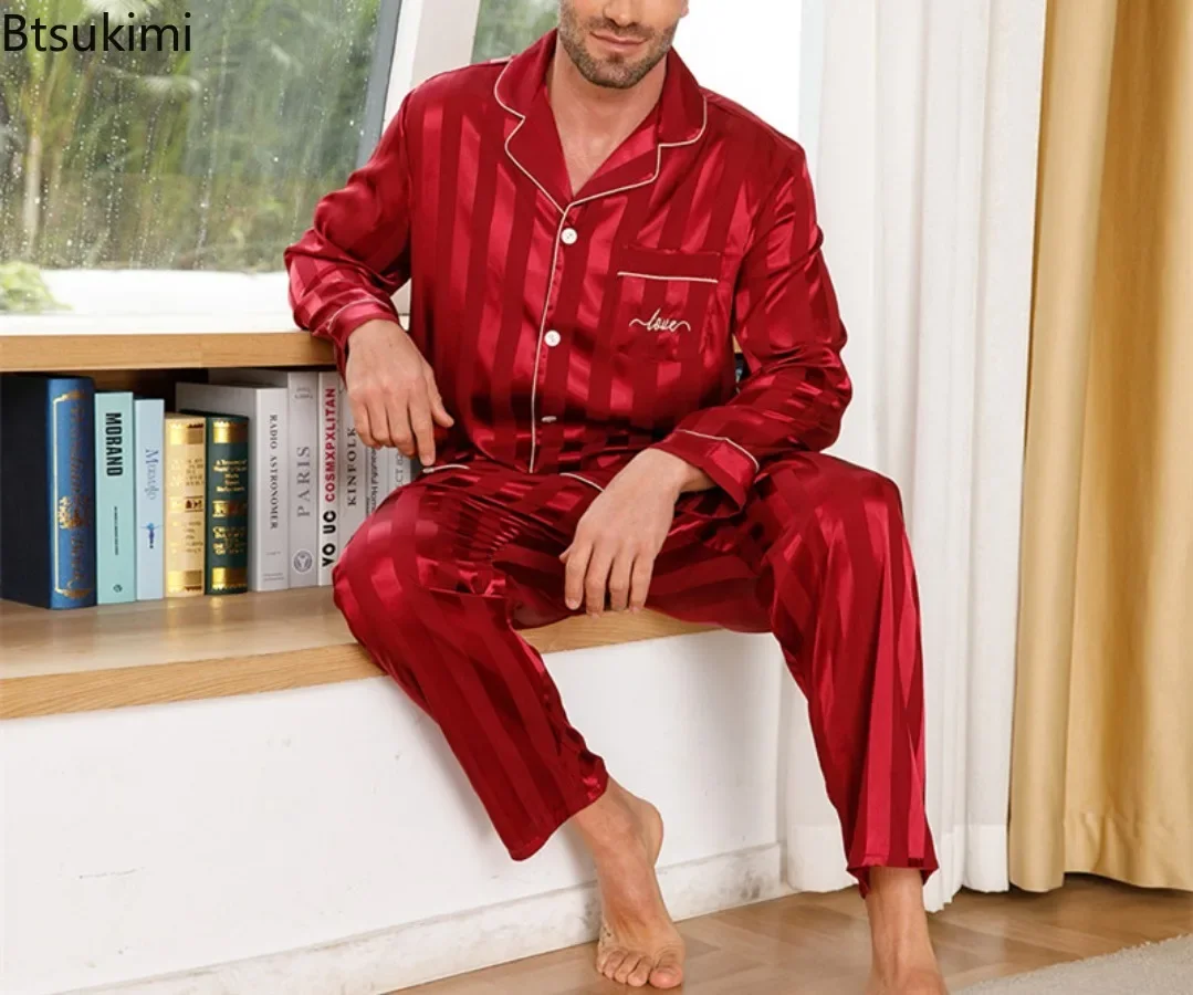 2025Men's Casual Silk Satin Pajama Sets Ice Silk Homewear Long Sleeve Tops+pants 2PCS Sets Male Loose Comfortable Sleepwear Sets