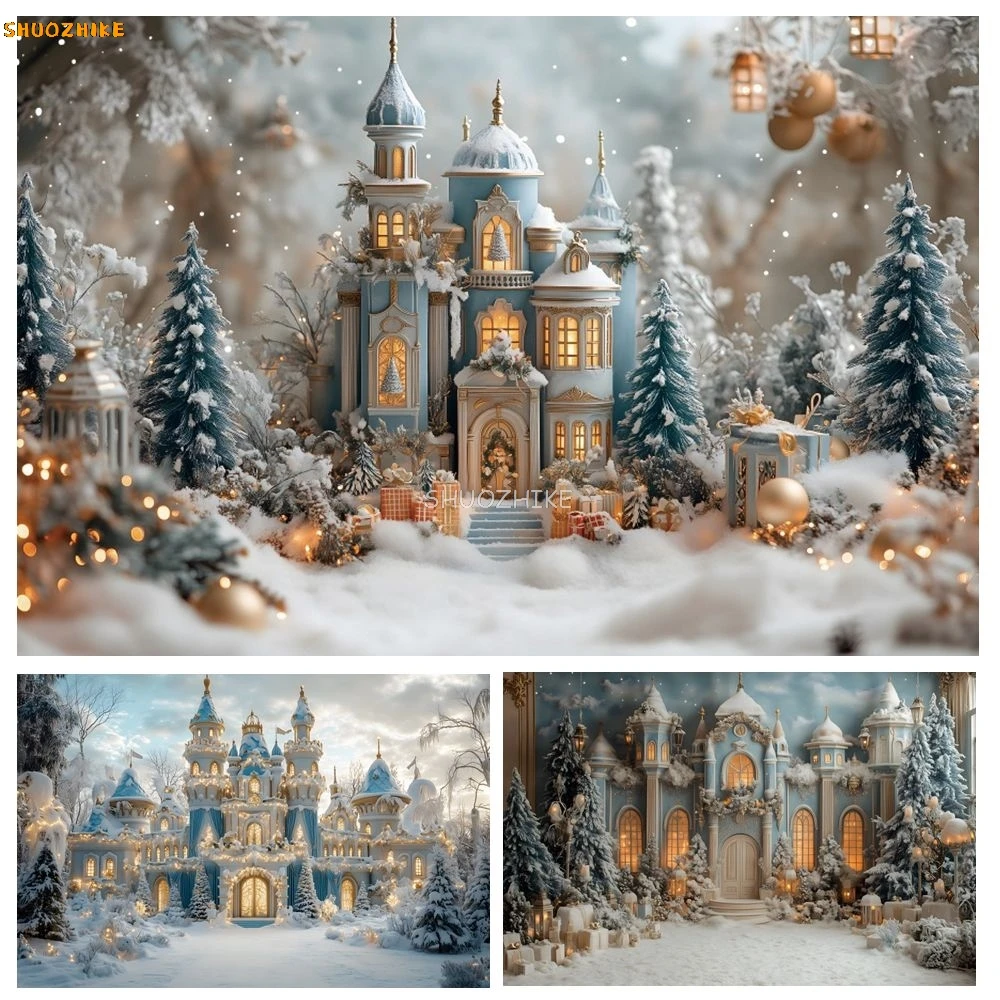 

Winter Wonderland Castle Backkdrop Pine Trees Forest Snow Road Kids Birthday Party Christmas Photography Background Photostudio