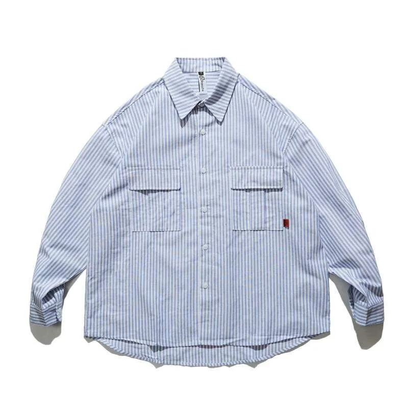 

Double-pocket Japanese-style Vintage Blue Striped Shirt for Men Loose-fitting and Casual Style Pure Cotton Long-sleeved Shirt