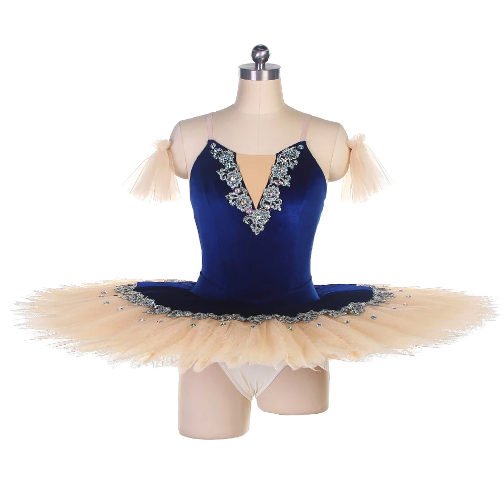 

Women's Professional Ballet Dance Tutus Ballerinas Costumes Blue Velvet Bodice with Brown Stiff Tulle Pancake Tutu Skirt BLL460