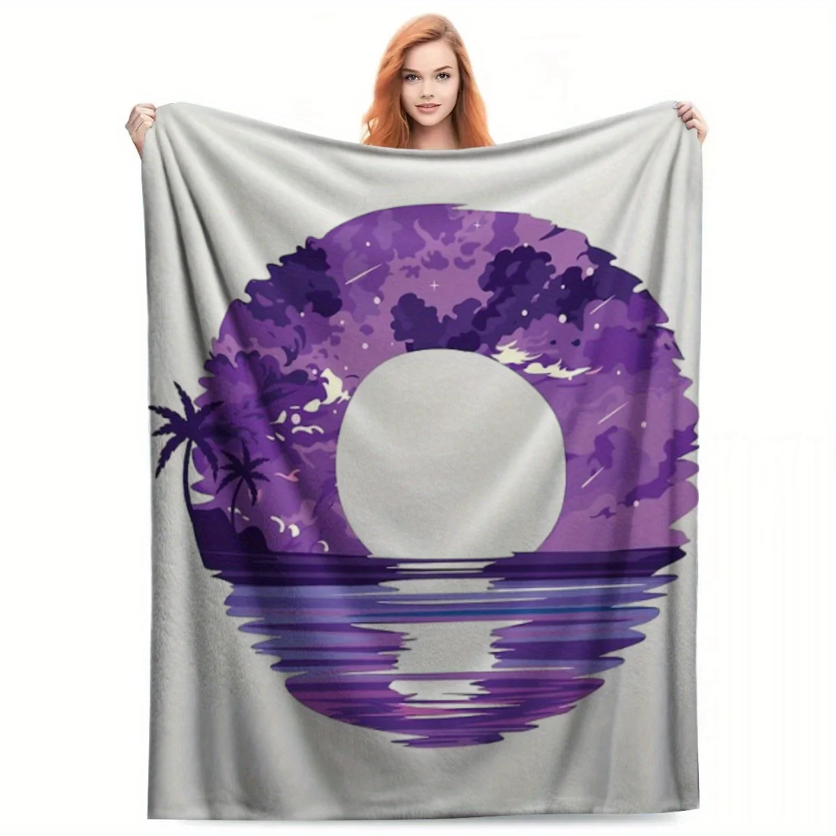 Tropical Ocean Summer Moon Glow Scenary Blanket - Vibrant Purple & Blue Tropical Design, Soft Flannel, Machine Washable, Portabl