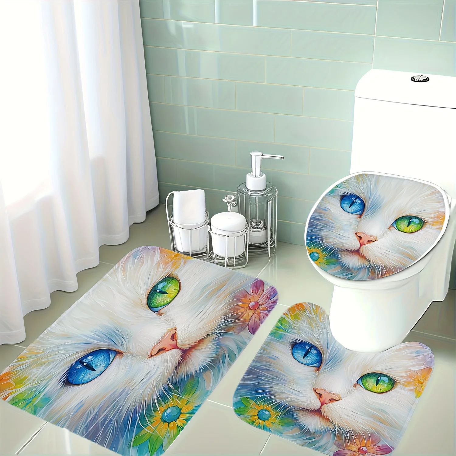 

Heterochromia Cat 3pc Bath Set – Blue & Green Eyes, Floral Design, Soft Flannel Toilet Cover, U Mat & Floor Rug, Non-Slip Decor