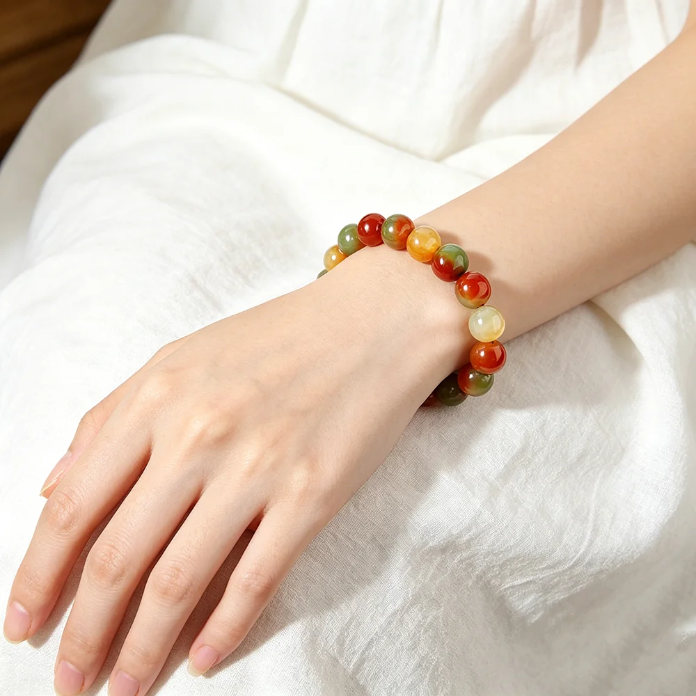 FS41 Natural Peacock Agate Beaded Bracelet, 6-14mm Single Strand Stone Bracelet for Men Women Couple, Healing Gift