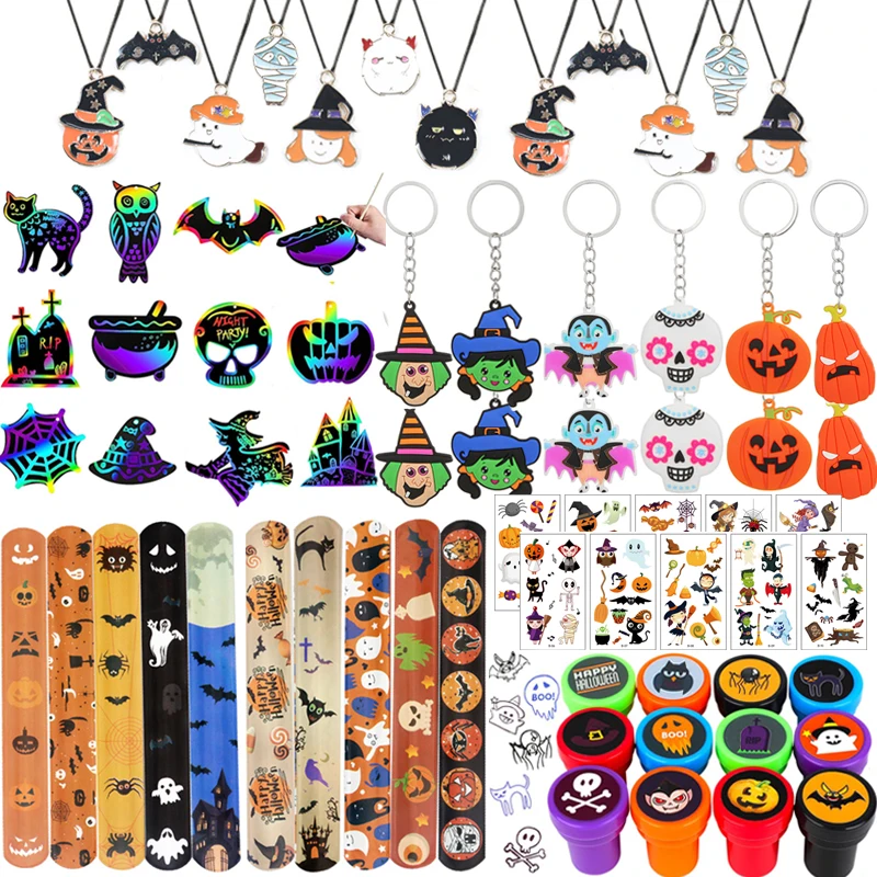 72pcs Halloween Party Favors Kids Stamps Slap Bracelets Keychains Tattoos Stickers Trick or Treat Goodie Bag Stuffers