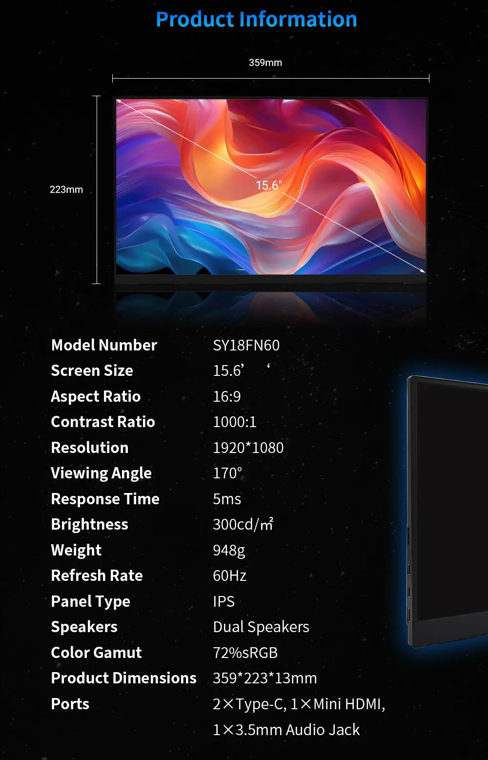 SOYO SY15FN60 Tragbarer Monitor, 15,6-Zoll 1080P 60Hz FHD LCD-Display, 72% sRGB 300cd/m² externer Bildschirm für Laptop, Xbox, PS5, Switch, TV-Box, Handy und PC; Plug-and-Play-Reise-Erweiterungsmonitor – Detail 12