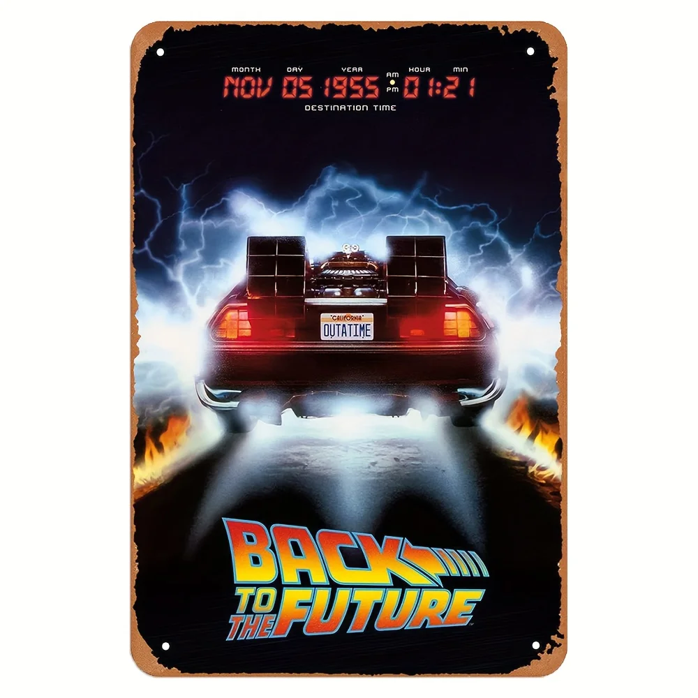 Regreso al futuro, letrero de estaño de Metal, decoración de pared, póster de película Retro, arte con máquina del tiempo DeLorean y diseño, hierro en pulgadas