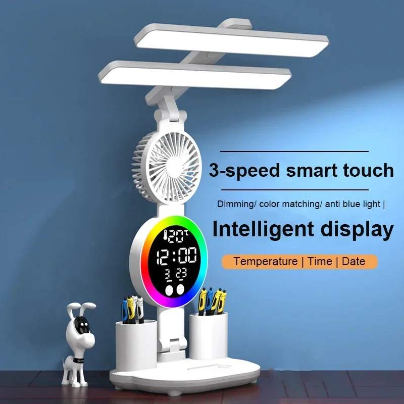 LED Clock Table Lamp, USB Chargeable, Dimmable Desk Lamp, 2 Cabeças, 180 Girar, Dobrável, Proteção para os Olhos, Leitura, NightLight, 3200mAh